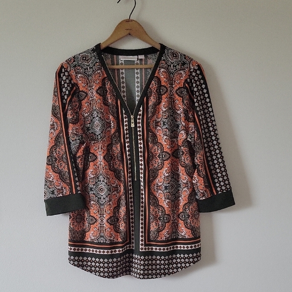 Belle by Kim Gravel Tops - Belle by Kim Gravel Olive Orange 1/2‎ Zip Popover Blouse Size Small